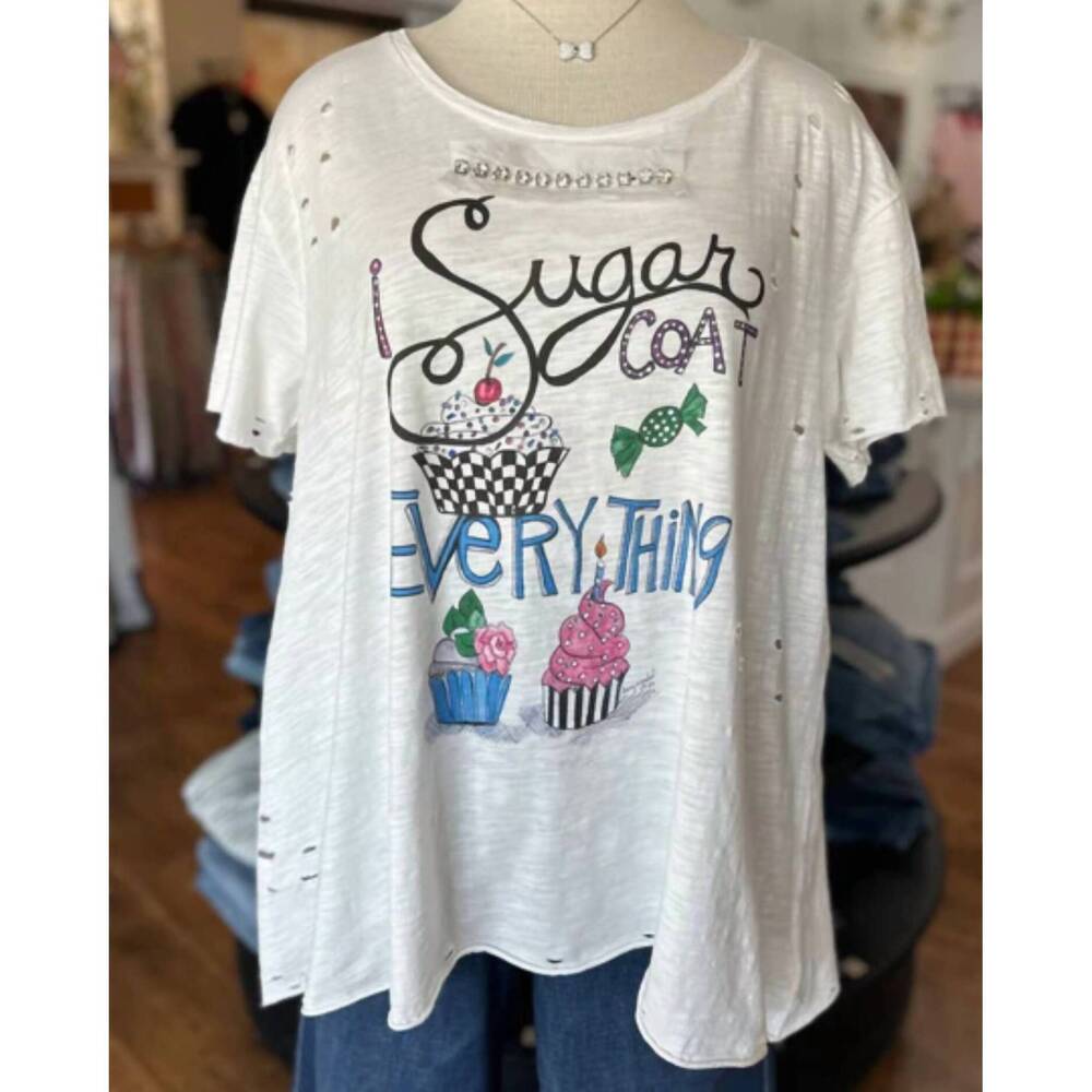 NEW A RARE BIRD women's i sugar coat everything hand distressed shirt in white m